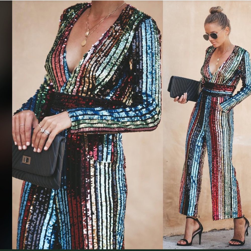 Stunning VICI Rainbow Sequin Jumpsuit